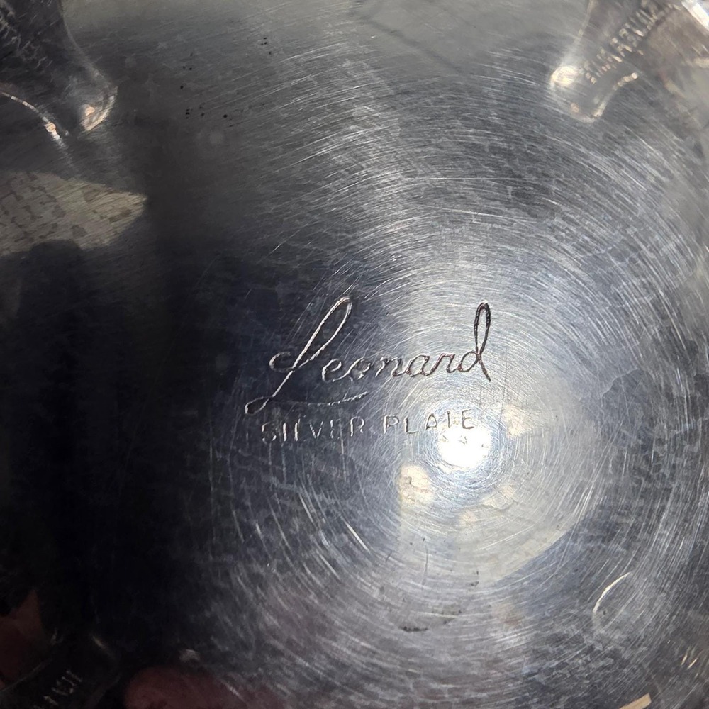 Leonard Silver Plated Tea Set 3pc Ornate Teapot Creamer and Etched Serving Tray - Picture 12 of 16